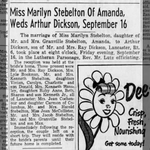 Arthur Dickson and Marilyn Stebelton - marriage announcement